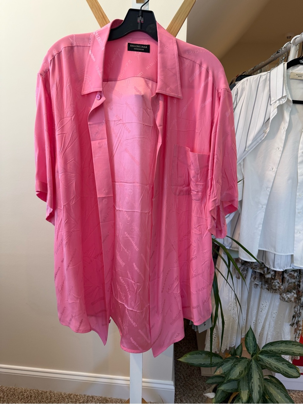 Balenciaga Hot Pink Jacquard Silk Short-Sleeve Shirt